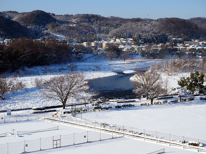 雪野原の中を緩やかに流れる多摩川