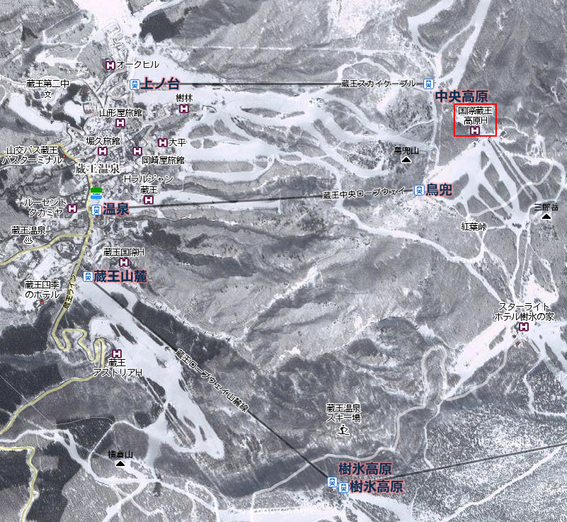蔵王温泉〜鳥兜〜中央高原の衛星写真