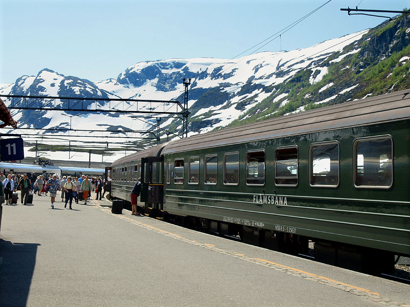ミュルダール駅でフロム鉄道の電車に乗り換える旅客たち