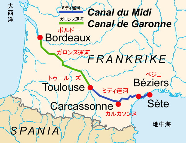 ミディ運河のルートマップ