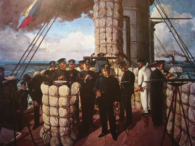 Z旗が翻る連合艦隊旗艦三笠艦橋で指揮をとる東郷平八郎大将
