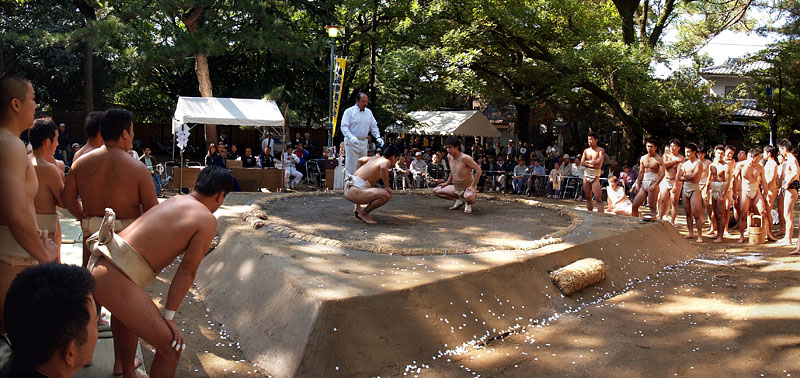 立ち上がって観戦する力士たち