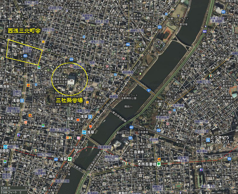 三社祭会場と西浅三北町会の位置(東京都台東区) 2012.6.10