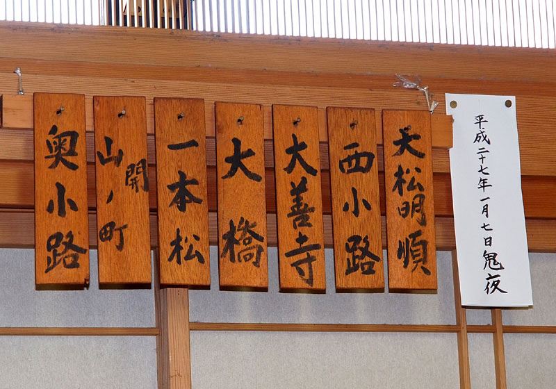 大松明の順番(一番:西小路/社務所側〜六番:奥小路/桟敷席側)