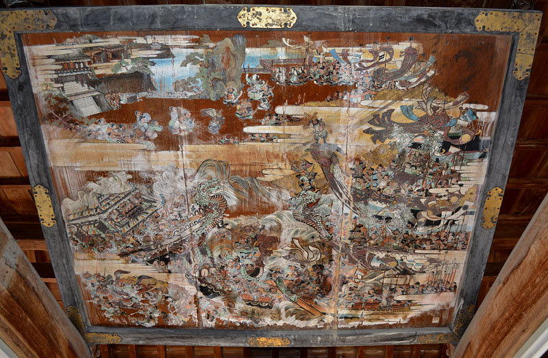 拝殿の天井にある巨大な絵馬「八幡縁起図」 奉納:家門栄昌祈者 安政4年(1857)