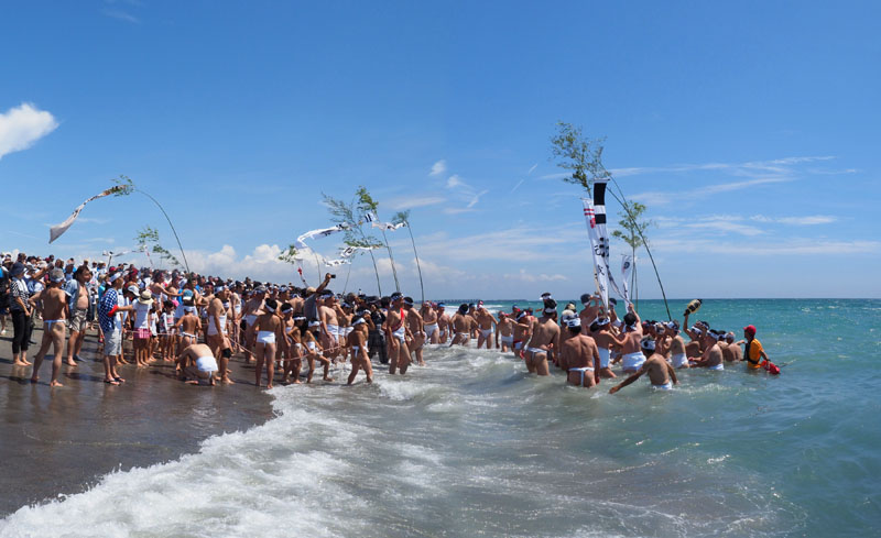 大勢の褌衆が海に入る裸祭