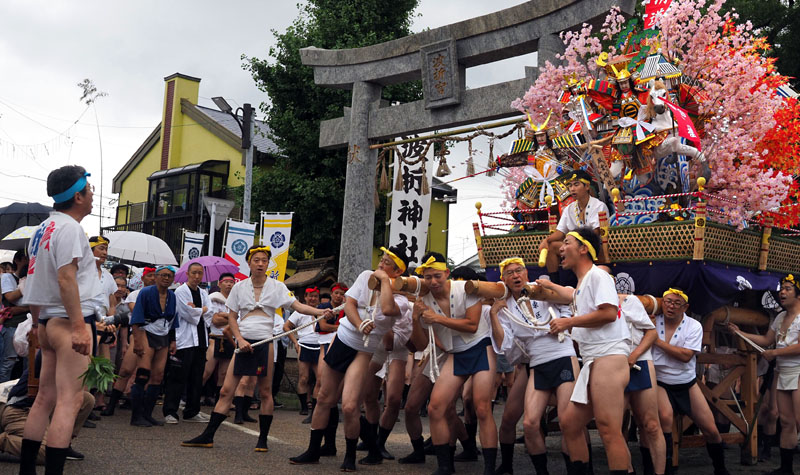追い山で「祝い目出度」を歌う一番山・新町流/波折神社（福岡県福津市）