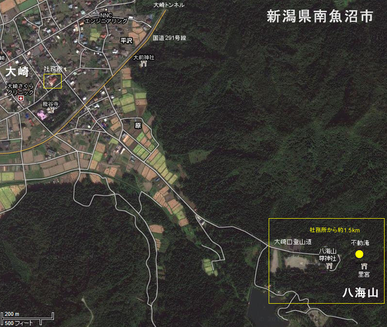 社務所・八海山尊神社・元宮・不動滝の位置