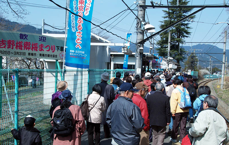 梅見客で溢れる日向和田駅
