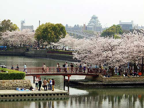 源八橋から見た水の広場と大阪城