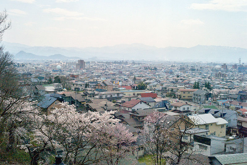飯盛山から見た鶴ヶ城（写真中央）